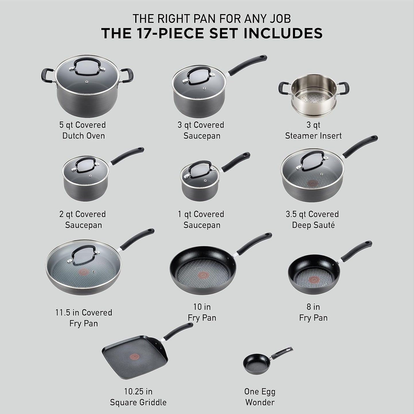 T-fal Ultimate Hard Anodized Nonstick Cookware Set 17 Piece, Oven Broiler Safe 400F, Lid Safe 350F, Kitchen Cooking Set w/Fry Pans, Saucepans, Saute Pan, Griddle, Pots and Pans, Dishwasher Safe Black