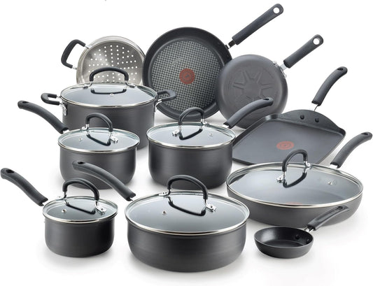 T-fal Ultimate Hard Anodized Nonstick Cookware Set 17 Piece, Oven Broiler Safe 400F, Lid Safe 350F, Kitchen Cooking Set w/Fry Pans, Saucepans, Saute Pan, Griddle, Pots and Pans, Dishwasher Safe Black